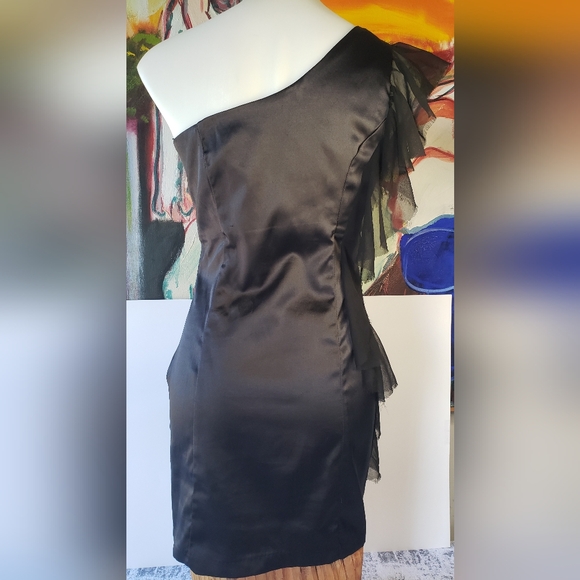 Shiny Jet Black off the shoulder raw edge ruffle assymetrical satin mini dress - Picture 3 of 11